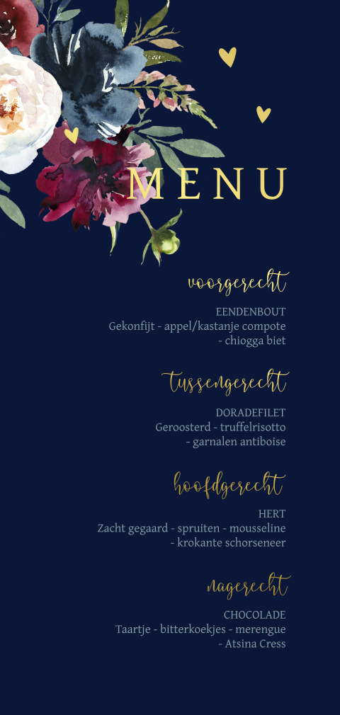 Goudfolie menukaart in donkerblauw met watercolor bloemen