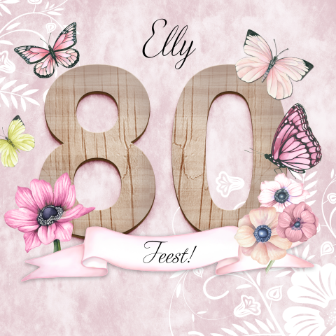 Romantische verjaardagsuitnodiging met houten 80, vlinders en bloemen