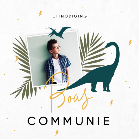 Stoere uitnodiging communie met foto, dinosaurus en ronde hoeken