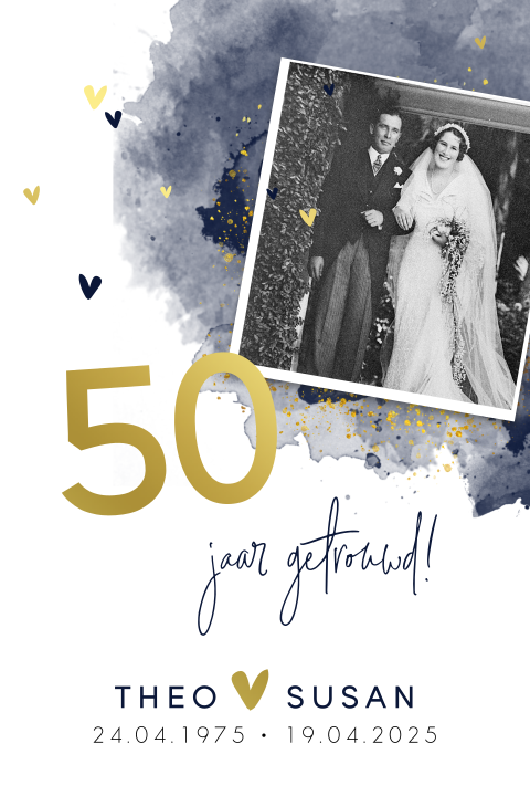 Goudfolie jubileum 50 jaar met watercolor en hartjes