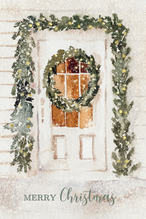 Vrolijke kerstkaart van voordeur met guirlande en kerstkrans