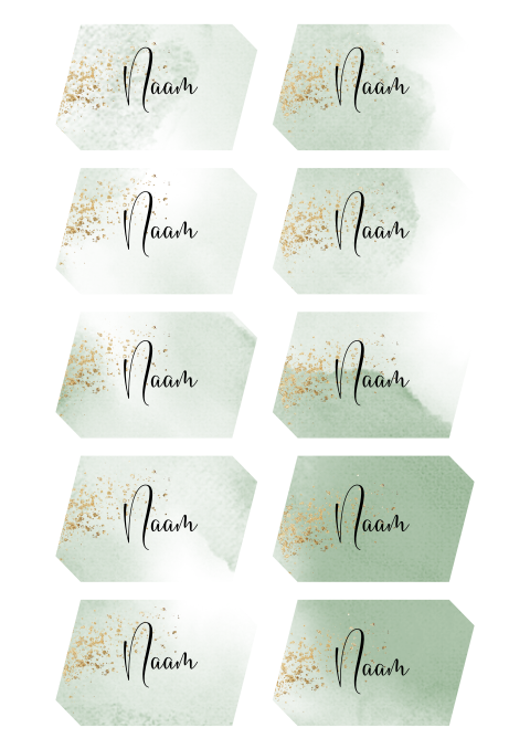 Zeshoekige naamkaartjes in groen en gouden spetters 