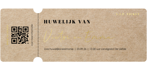 Moderne trouwkaart in een ticket-vorm met kraft-look achtergrond