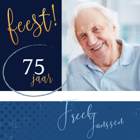 Verjaardagsuitnodiging 75 jaar met foto en blauwe elementen