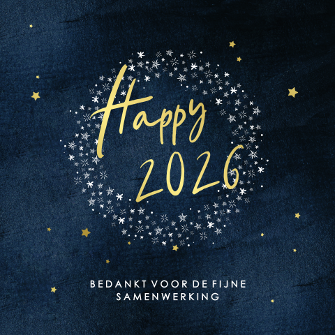 Zakelijke kerstkaart in donkerblauw en goudfolie "Happy 2025"
