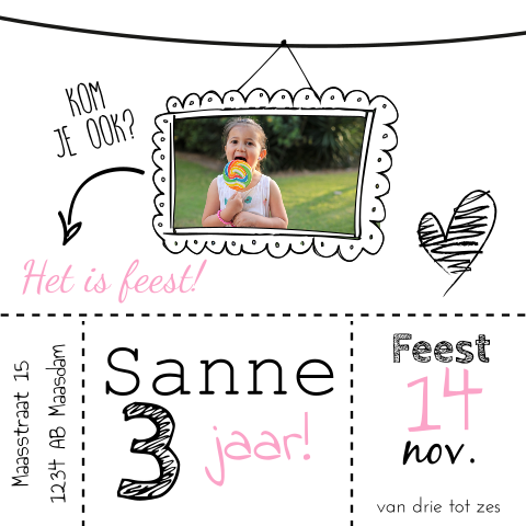 Hippe uitnodiging feestje meisje 3 jaar