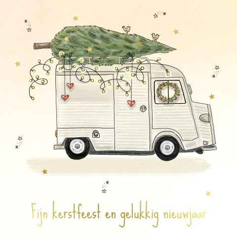 Getekende kerstkaart met auto en goudfolie sterren