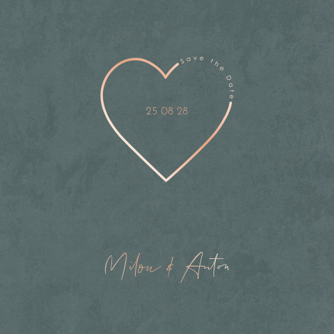 Trendy save the date uitnodiging met roségoudfolie hartje op velvet-look