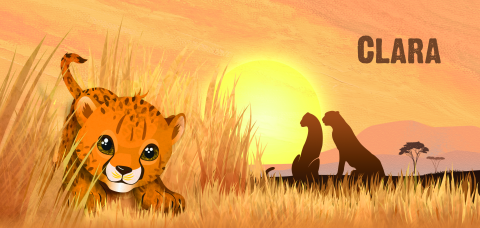 Stoer geboortekaartje met cheetah welpje in het gras
