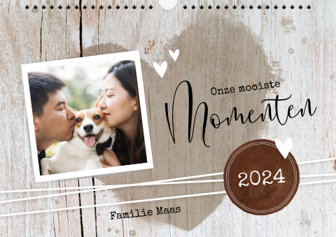 Familieplanner houtlook met hartjes en foto's in A3 liggend formaat