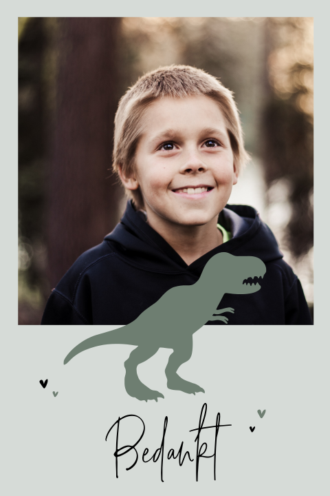 Stoere bedankkaart voor communie met foto en dino