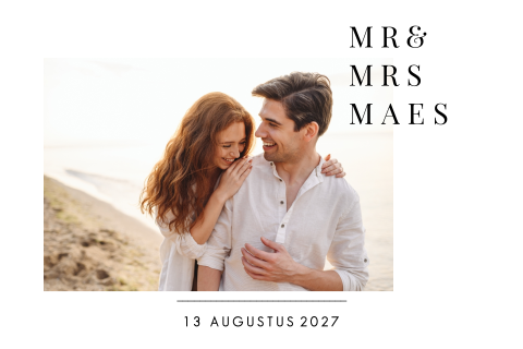 Hippe trouwkaart met foto en moderne typografie