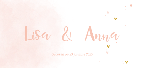 Hip geboortekaartje tweeling meisje met roze aquarel en hartjes