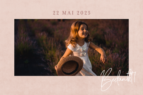 Communie bedankkaart met foto op roze velvet