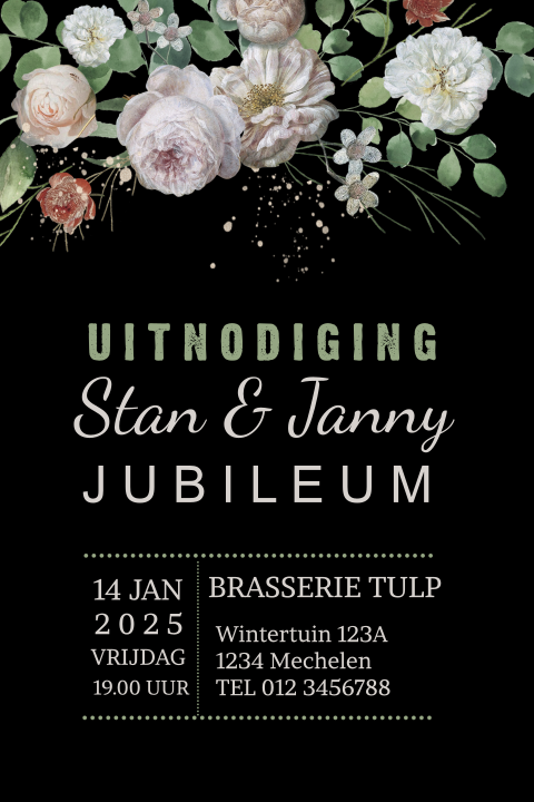 Jubileumkaart met bloemen en takjes op donkere achtergrond