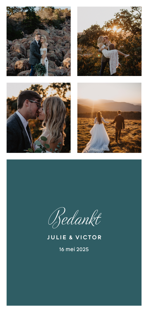 Moderne bedankkaart met foto's en blauwe vakken