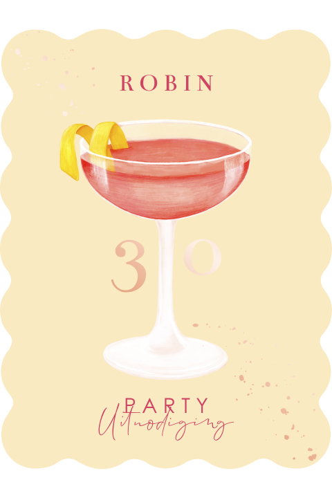 Originele uitnodigingskaart met cocktail glas en roségoudfolie
