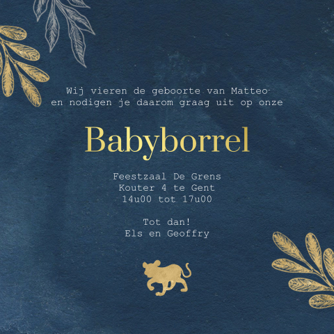 Babyborrelkaartje met leeuwenwelpje en goudfolie