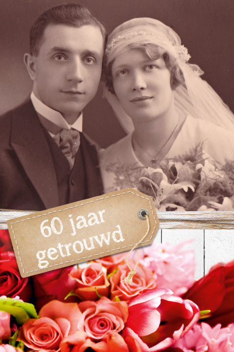 Klassieke jubileumkaart 60 jaar getrouwd met rozen label en foto