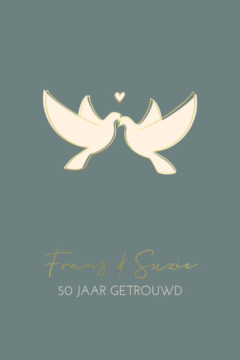 Romantische jubileumkaart met twee duiven en tekst in goudfolie