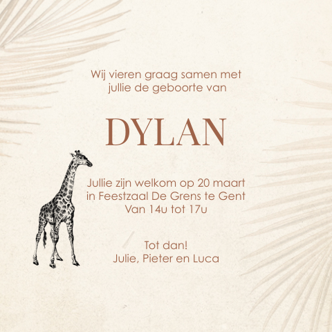 Babyborrelkaartje met giraf en botanische elementen