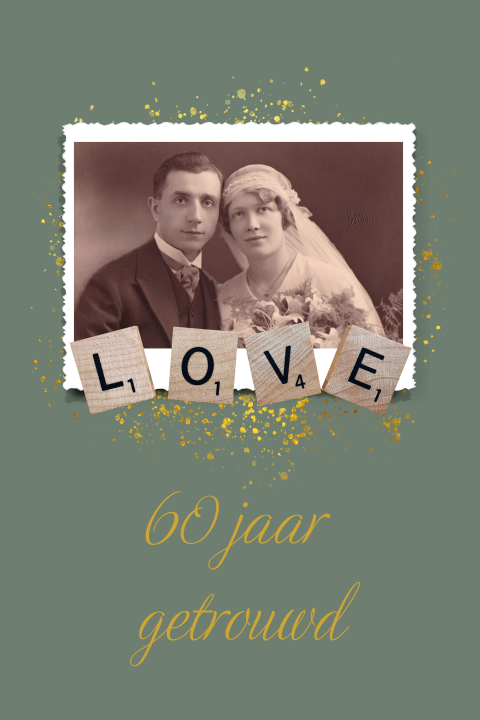 Uitnodiging 60 jaar huwelijk met foto en love in scrabble-letters