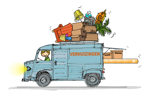 Originele verhuiskaart met vol geladen busje