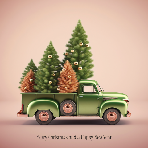 Kerst Verhuiskaart Retro auto met kerstbomen