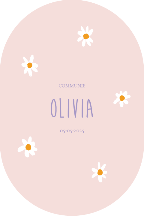 Communiekaartje in originele vorm met bloemen op roze achtergrond