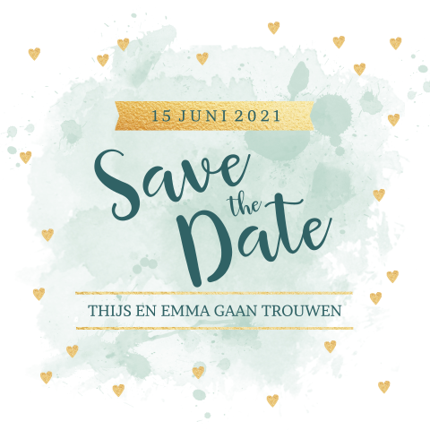 Vrolijke Save the Date kaart met watercolour en gouden hartjes