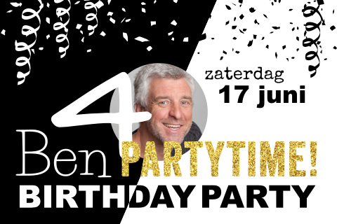 Uitnodiging 40ste verjaardag met slingers in zwart wit