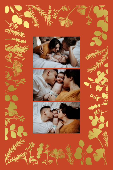 Kerstkaart met goudfolie takken en eigen foto