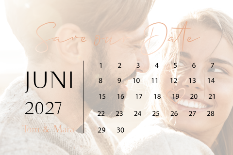 Save the date kaart met kalender en dubbelzijdig roségoudfolie