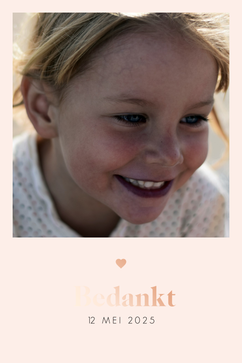 Bedankkaart voor communie met foto, rosegoudfolie en hartje