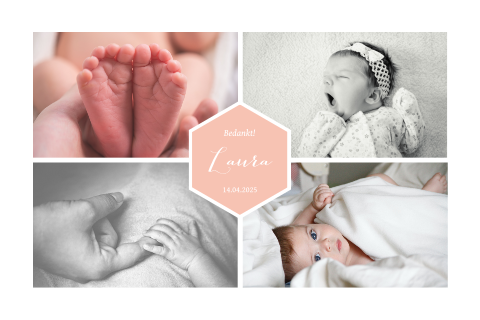 Stijlvolle bedankkaart met babyfoto's en roze gekleurd vlak