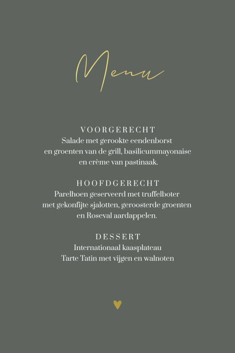 Menukaart met goudfolie hartje op donkergroen
