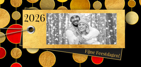 Stijlvolle kerstkaart met goudlook label en foto