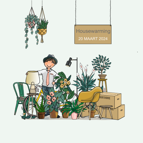 Housewarming/verhuiskaart met illustratie van dozen en planten