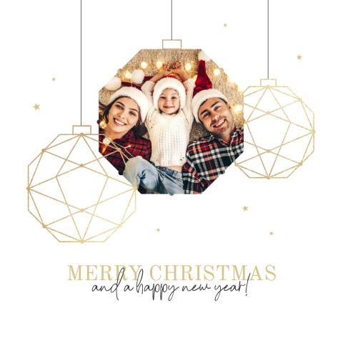 Trendy kerstkaart met foto als kerstbal en gouden kerstballen