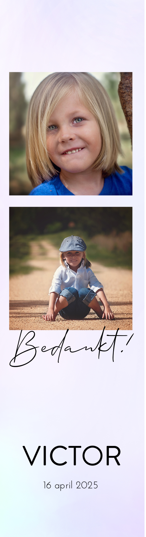 Boekenlegger bedankkaart met foto's en holografische look - set van 4