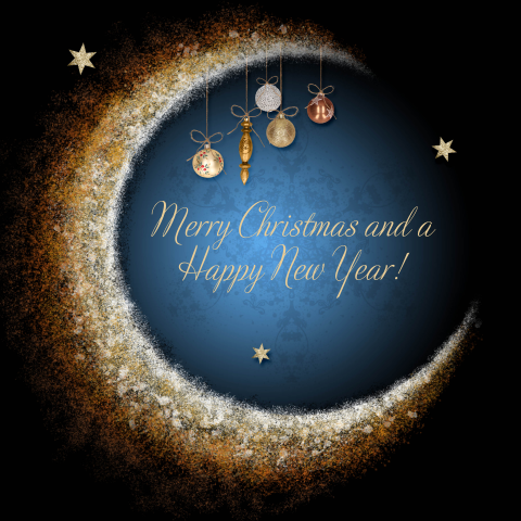 Kerstkaart gouden maan en kerstballen