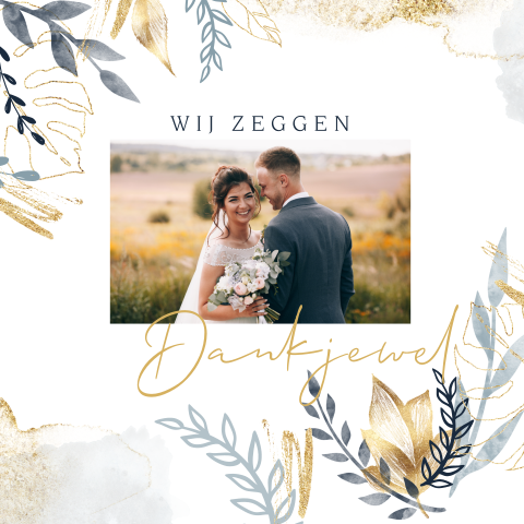 Stijlvolle bedankkaart trouwen met bloemen in goud en blauw