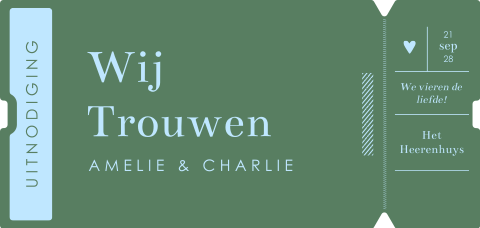 Trouwkaart in ticket-vorm met groen en blauw