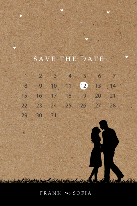 Romantische save the date kaart met silhouetten en kalender