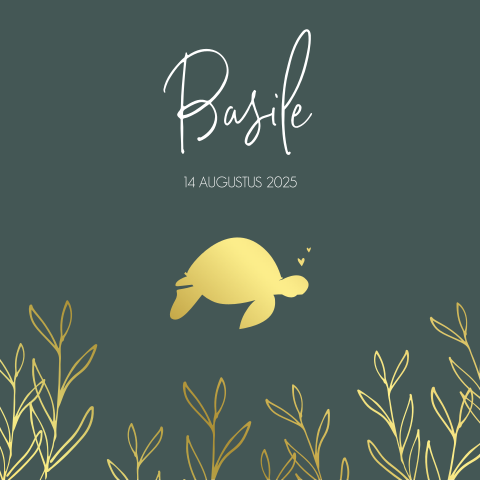 Goudfolie geboortekaart met schildpad en takjes
