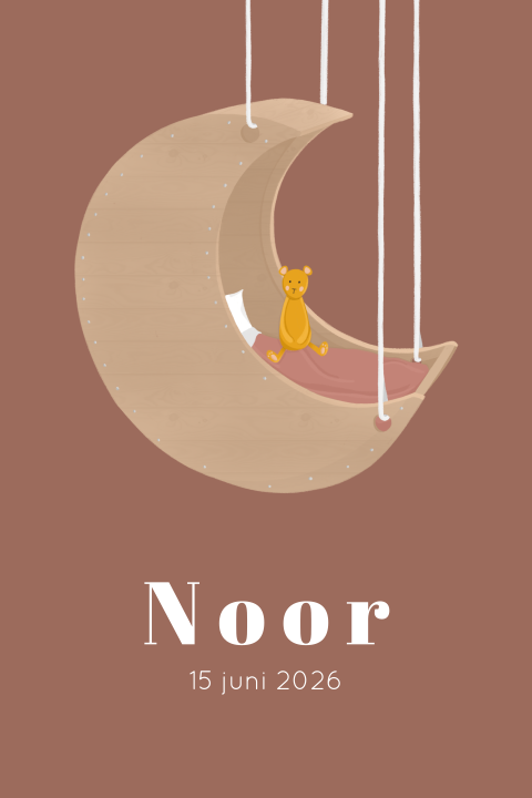 Grappig geboortekaartje met 'maanbed' op oudroze achtergrond