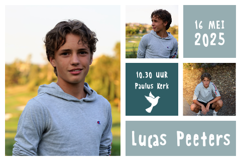 Vormsel uitnodiging met vakjes, foto's en duif
