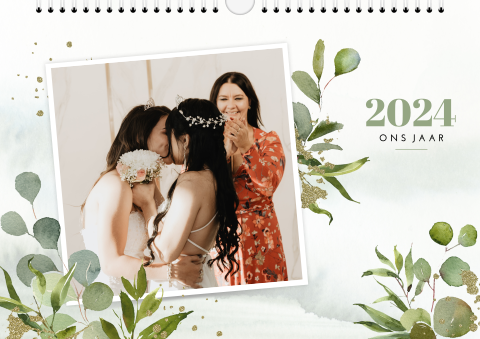 Familiekalender met foto's, takjes en watercolour A4 formaat