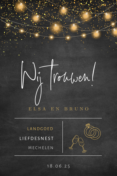 Stoere trouwkaart met lampenslingers op krijtbord