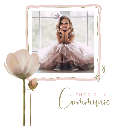 Lief communiekaartje meisje met foto in roze kader en bloem